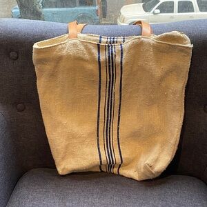 Govou Striped Canvas Tote Bag with Leather Handles